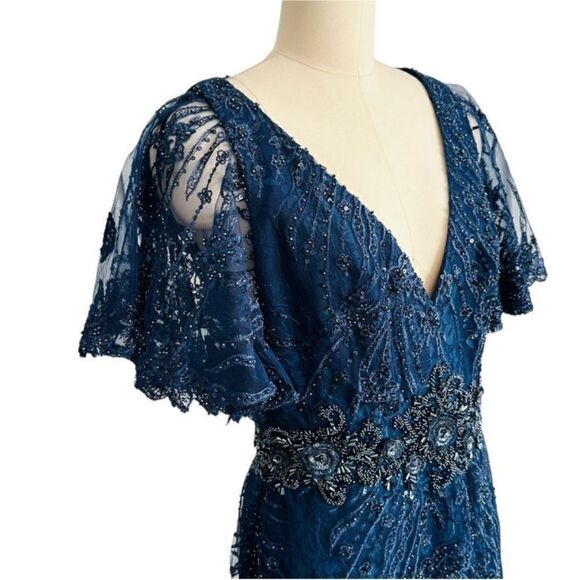 Mac Duggal 67493 Navy Blue Lace Beaded Sheer Flutter Sleeve Gown| Size 10 - Picture 6 of 14